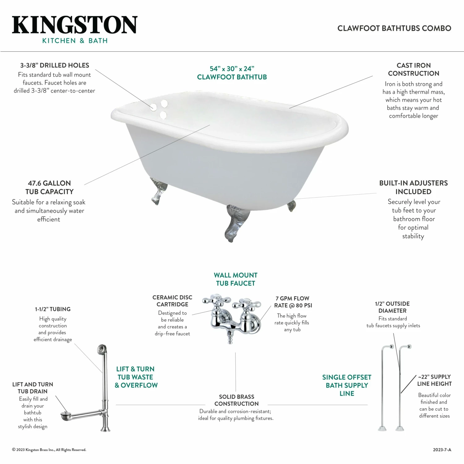Aqua Eden KCT3D543019C8 54-Inch Cast Iron Roll Top Clawfoot Tub Combo With Faucet And Supply Lines, White/Brushed Nickel - Image 2