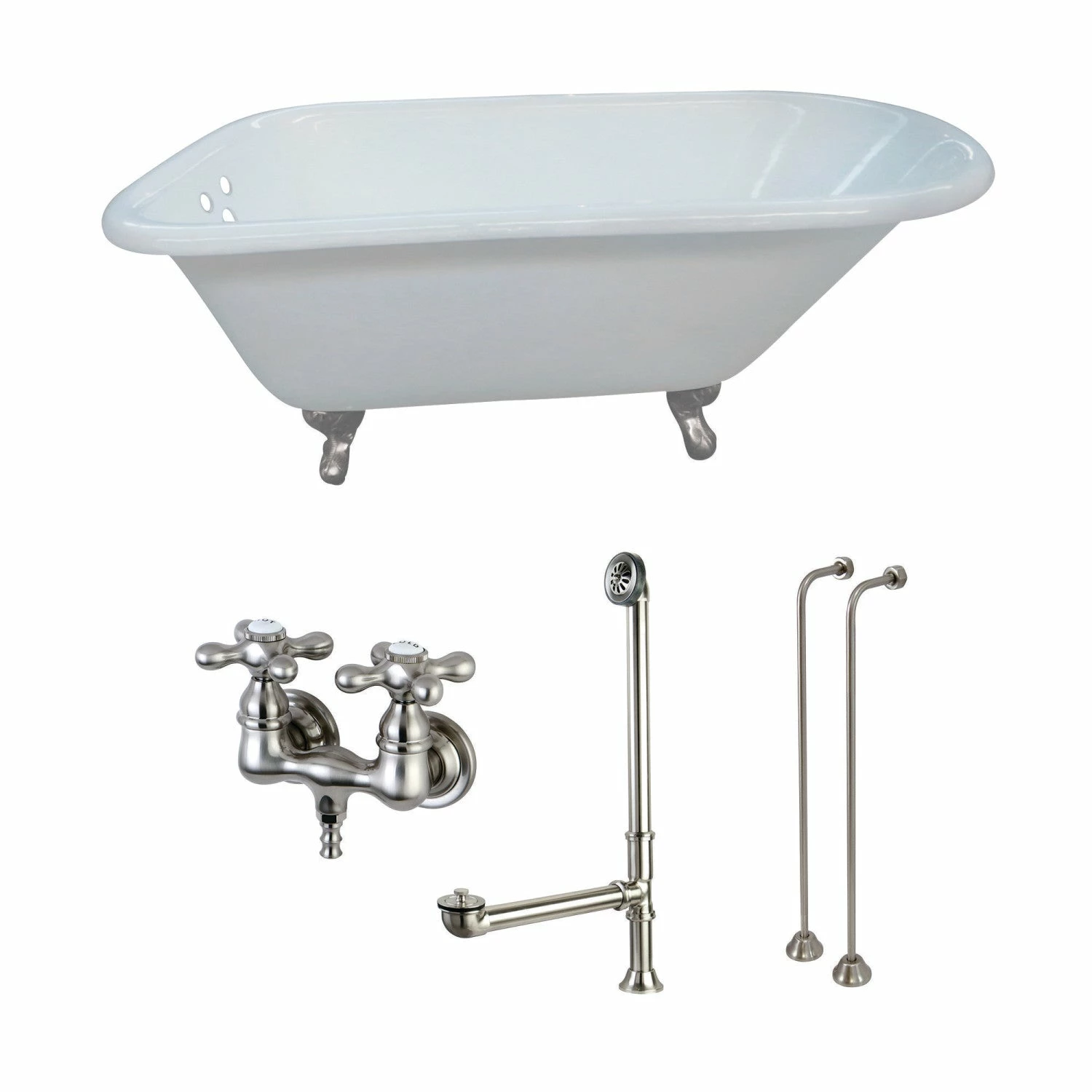 Aqua Eden KCT3D543019C8 54-Inch Cast Iron Roll Top Clawfoot Tub Combo With Faucet And Supply Lines, White/Brushed Nickel