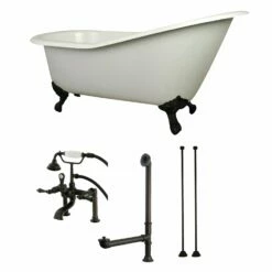 Aqua Eden KCT7D653129C5 62-Inch Cast Iron Single Slipper Clawfoot Tub Combo With Faucet And Supply Lines, White/Oil Rubbed Bronze