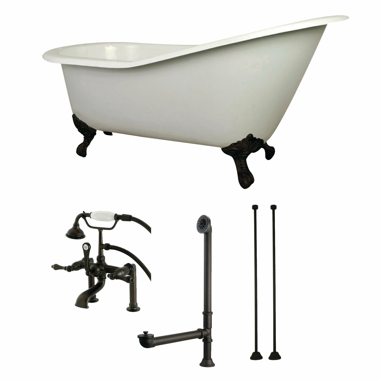 Aqua Eden KCT7D653129C5 62-Inch Cast Iron Single Slipper Clawfoot Tub Combo With Faucet And Supply Lines, White/Oil Rubbed Bronze