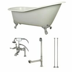 Aqua Eden KCT7D653129C8 62-Inch Cast Iron Single Slipper Clawfoot Tub Combo With Faucet And Supply Lines, White/Brushed Nickel
