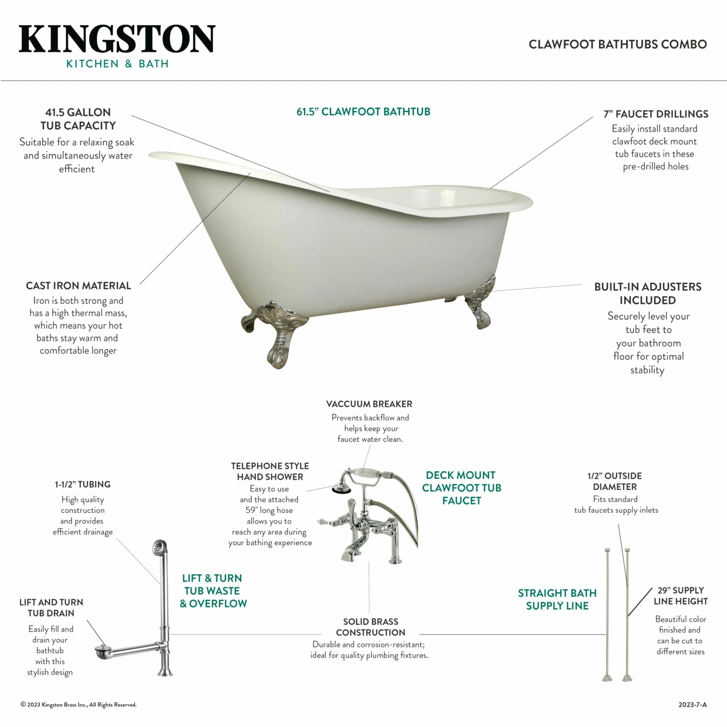Aqua Eden KCT7D653129C8 62-Inch Cast Iron Single Slipper Clawfoot Tub Combo With Faucet And Supply Lines, White/Brushed Nickel - Image 2