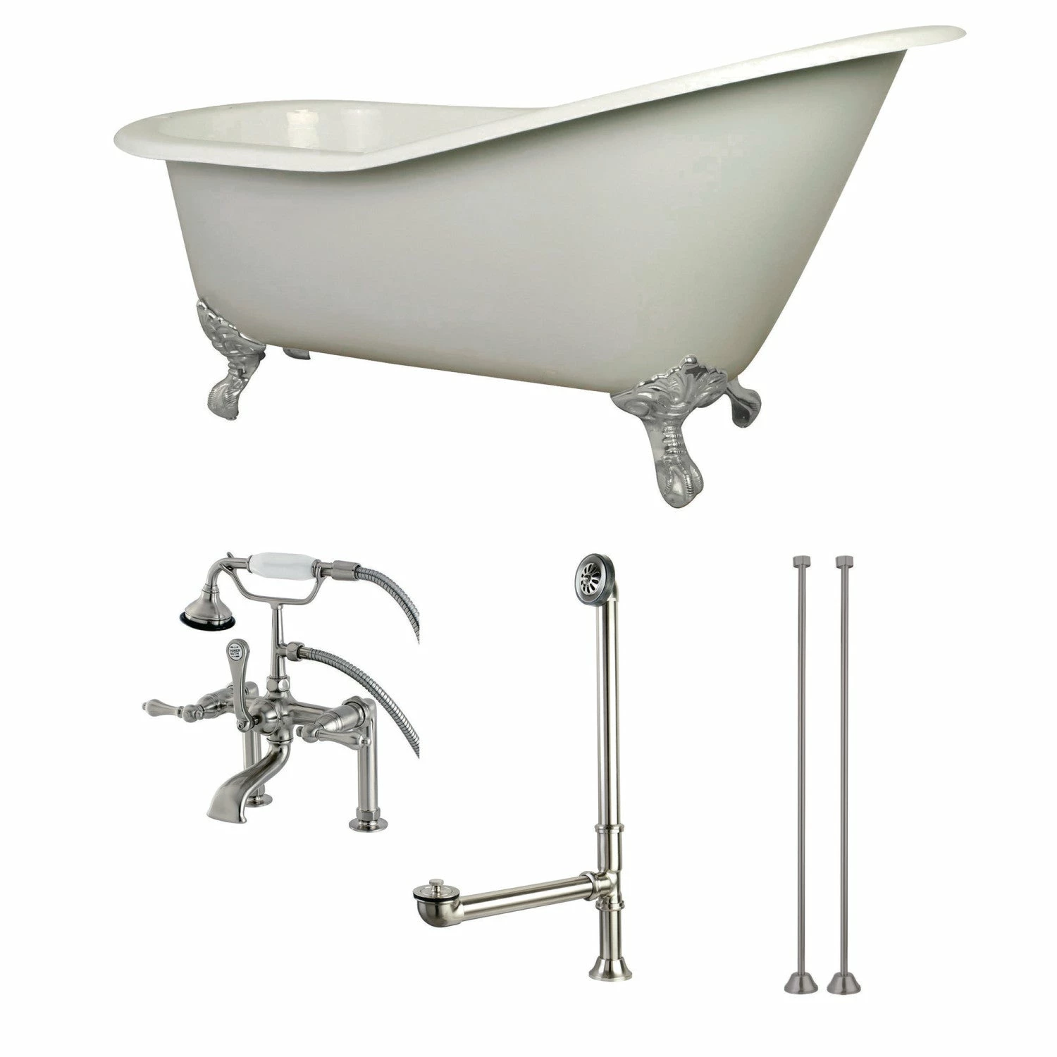 Aqua Eden KCT7D653129C8 62-Inch Cast Iron Single Slipper Clawfoot Tub Combo With Faucet And Supply Lines, White/Brushed Nickel