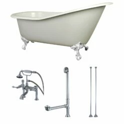 Aqua Eden KCT7D653129CW 62-Inch Cast Iron Single Slipper Clawfoot Tub Combo With Faucet And Supply Lines, White/White/Polished Chrome
