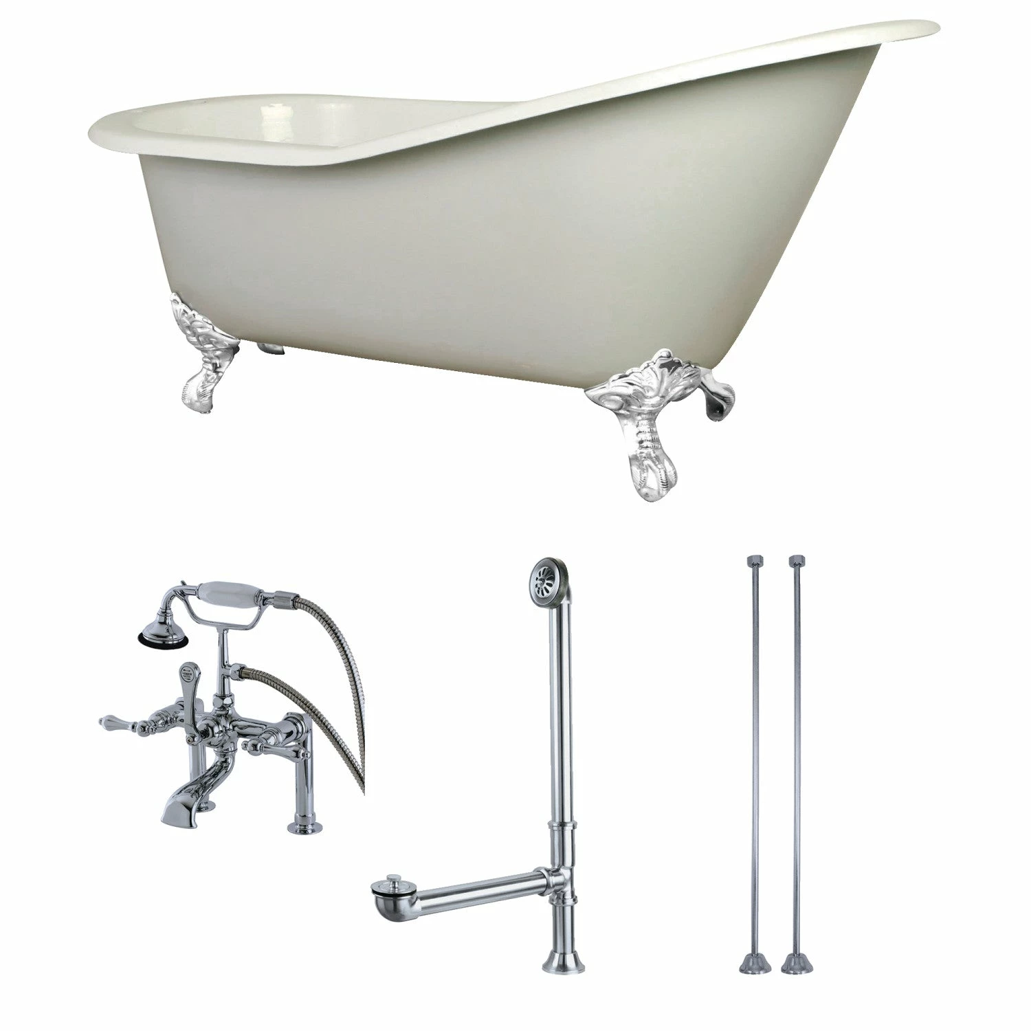 Aqua Eden KCT7D653129CW 62-Inch Cast Iron Single Slipper Clawfoot Tub Combo With Faucet And Supply Lines, White/White/Polished Chrome