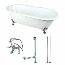 Aqua Eden KCT7D663013C1 66-Inch Cast Iron Double Ended Clawfoot Tub Combo With Faucet And Supply Lines, White/Polished Chrome