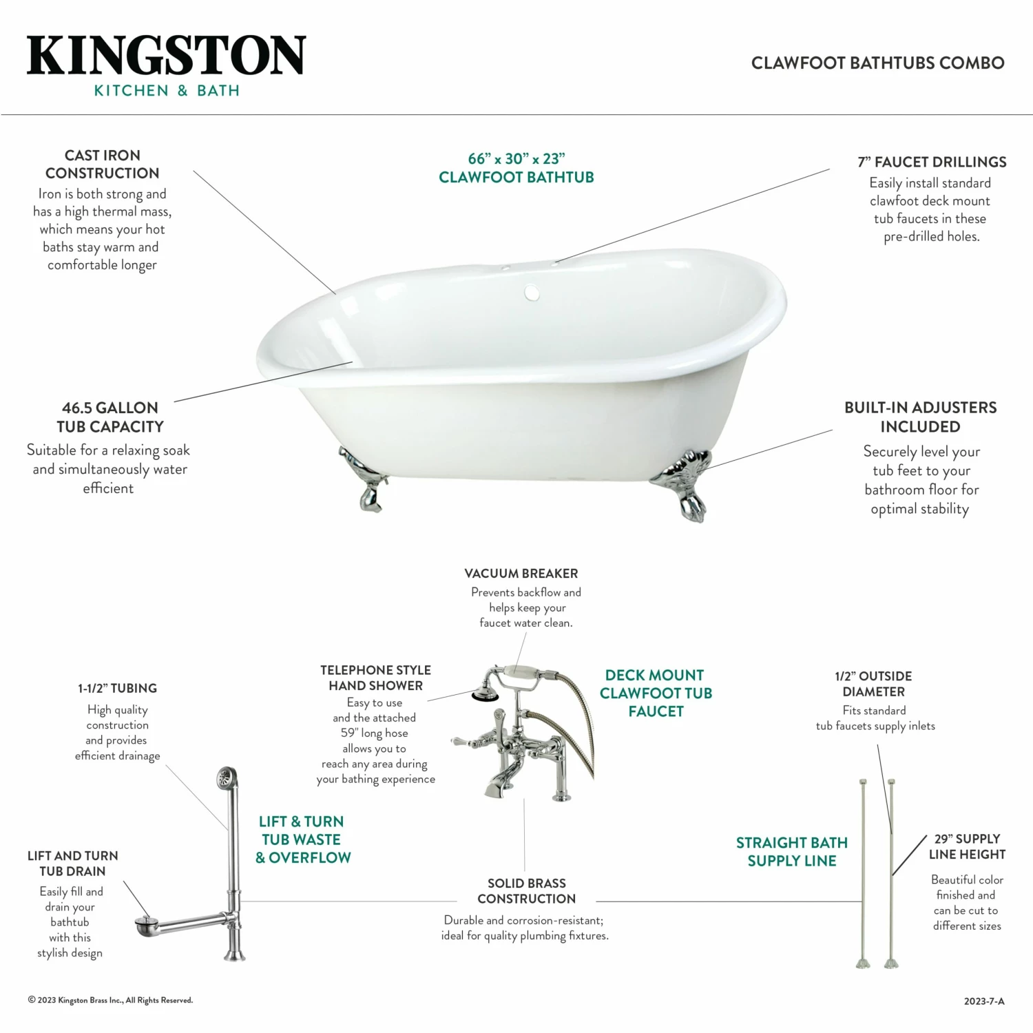 Aqua Eden KCT7D663013C1 66-Inch Cast Iron Double Ended Clawfoot Tub Combo With Faucet And Supply Lines, White/Polished Chrome - Image 2