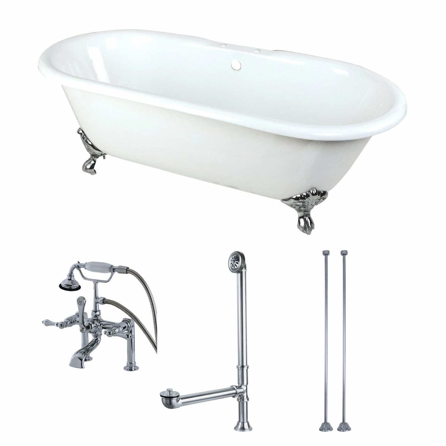 Aqua Eden KCT7D663013C1 66-Inch Cast Iron Double Ended Clawfoot Tub Combo With Faucet And Supply Lines, White/Polished Chrome