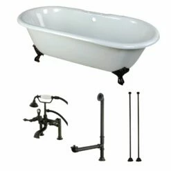 Aqua Eden KCT7D663013C5 66-Inch Cast Iron Double Ended Clawfoot Tub Combo With Faucet And Supply Lines, White/Oil Rubbed Bronze