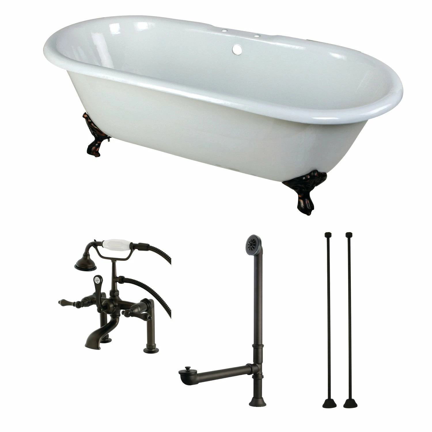 Aqua Eden KCT7D663013C5 66-Inch Cast Iron Double Ended Clawfoot Tub Combo With Faucet And Supply Lines, White/Oil Rubbed Bronze