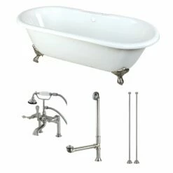 Aqua Eden KCT7D663013C8 66-Inch Cast Iron Double Ended Clawfoot Tub Combo With Faucet And Supply Lines, White/Brushed Nickel