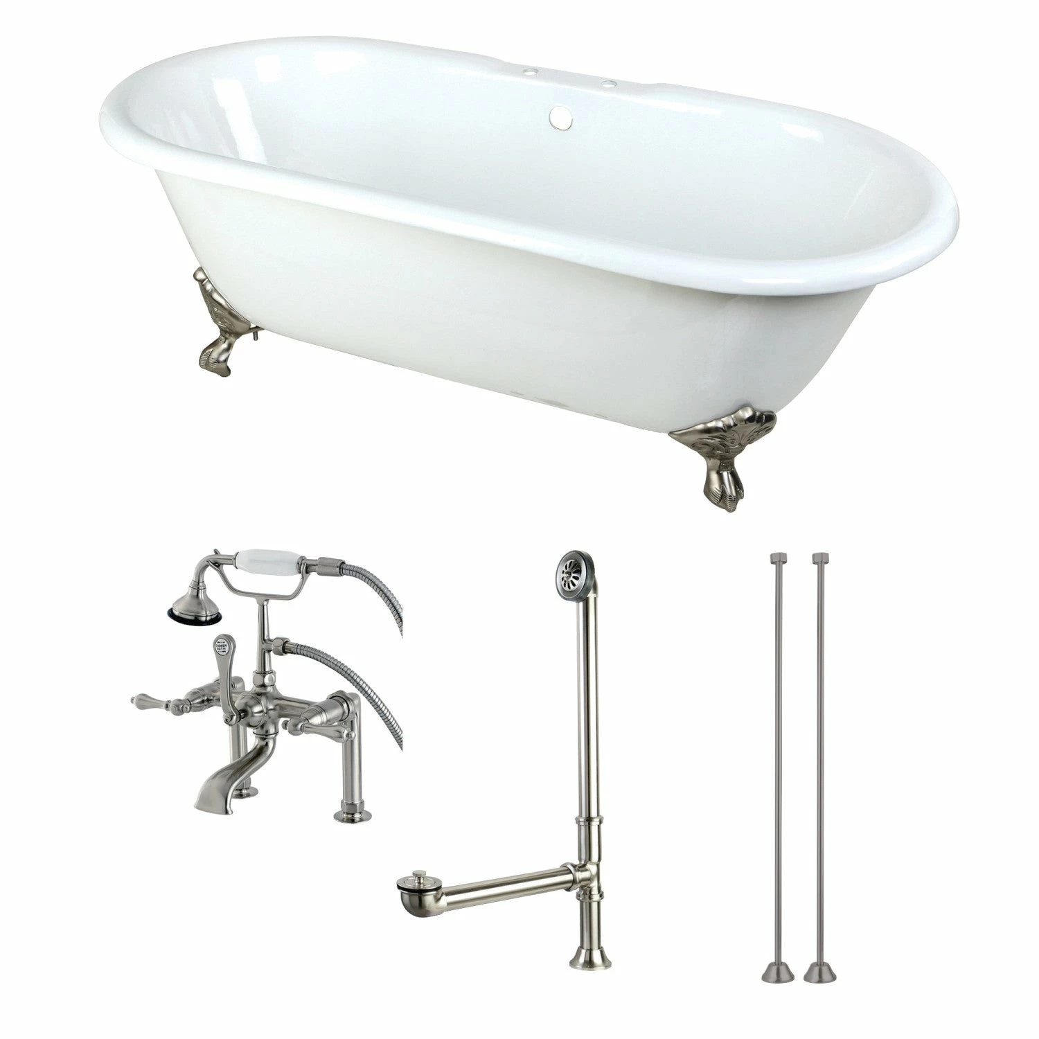 Aqua Eden KCT7D663013C8 66-Inch Cast Iron Double Ended Clawfoot Tub Combo With Faucet And Supply Lines, White/Brushed Nickel