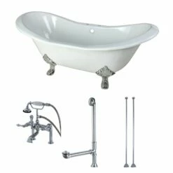 Aqua Eden KCT7D7231C1 72-Inch Cast Iron Double Slipper Clawfoot Tub Combo With Faucet And Supply Lines, White/Polished Chrome