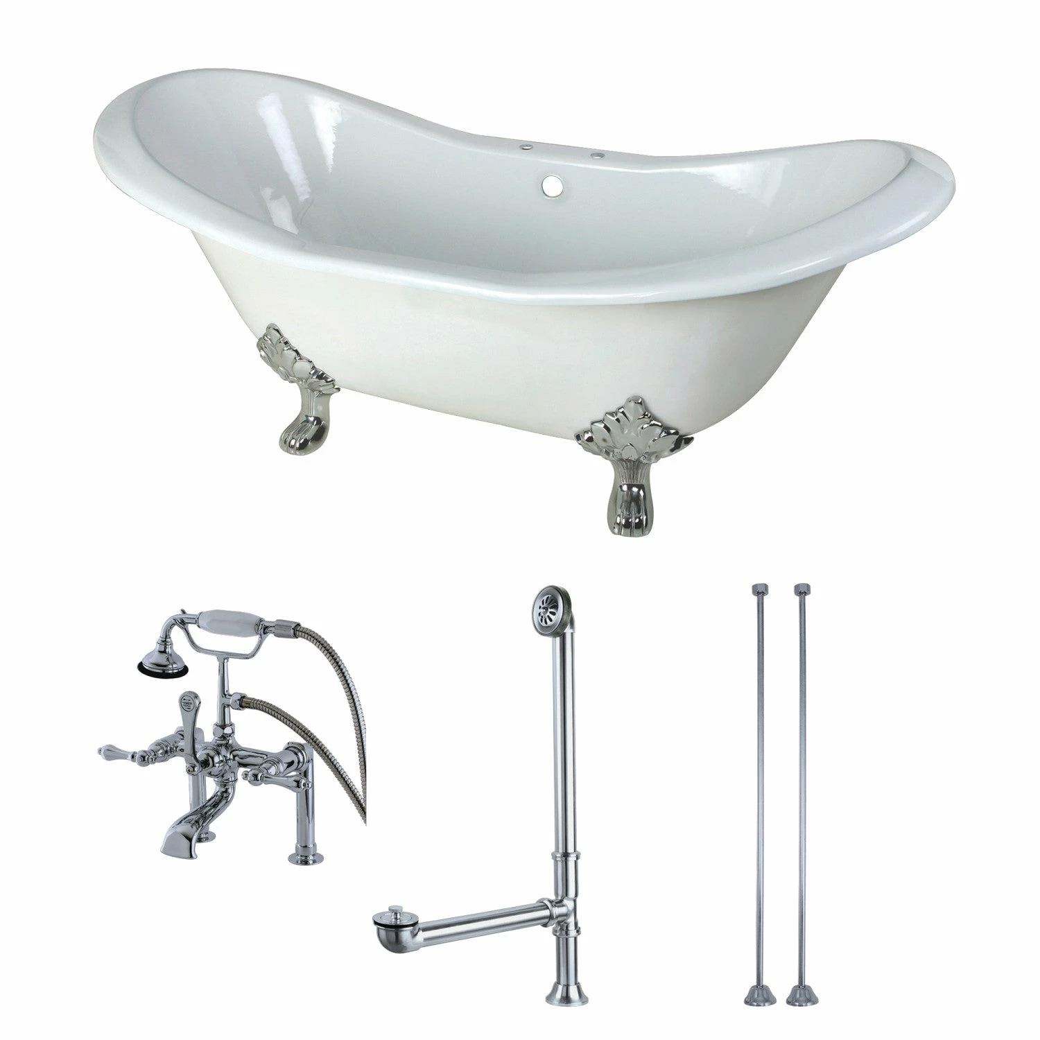 Aqua Eden KCT7D7231C1 72-Inch Cast Iron Double Slipper Clawfoot Tub Combo With Faucet And Supply Lines, White/Polished Chrome