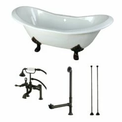 Aqua Eden KCT7D7231C5 72-Inch Cast Iron Double Slipper Clawfoot Tub Combo With Faucet And Supply Lines, White/Oil Rubbed Bronze