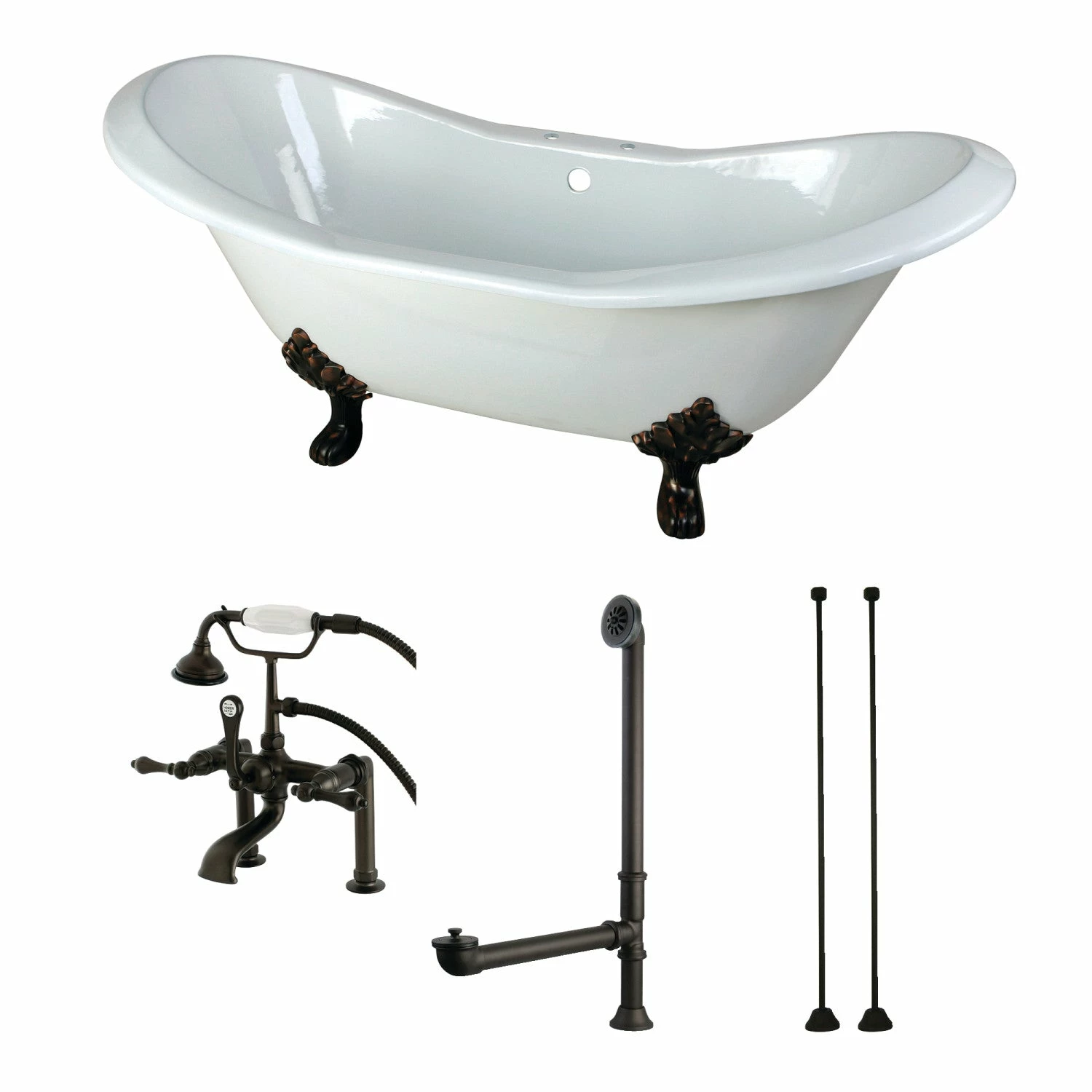 Aqua Eden KCT7D7231C5 72-Inch Cast Iron Double Slipper Clawfoot Tub Combo With Faucet And Supply Lines, White/Oil Rubbed Bronze