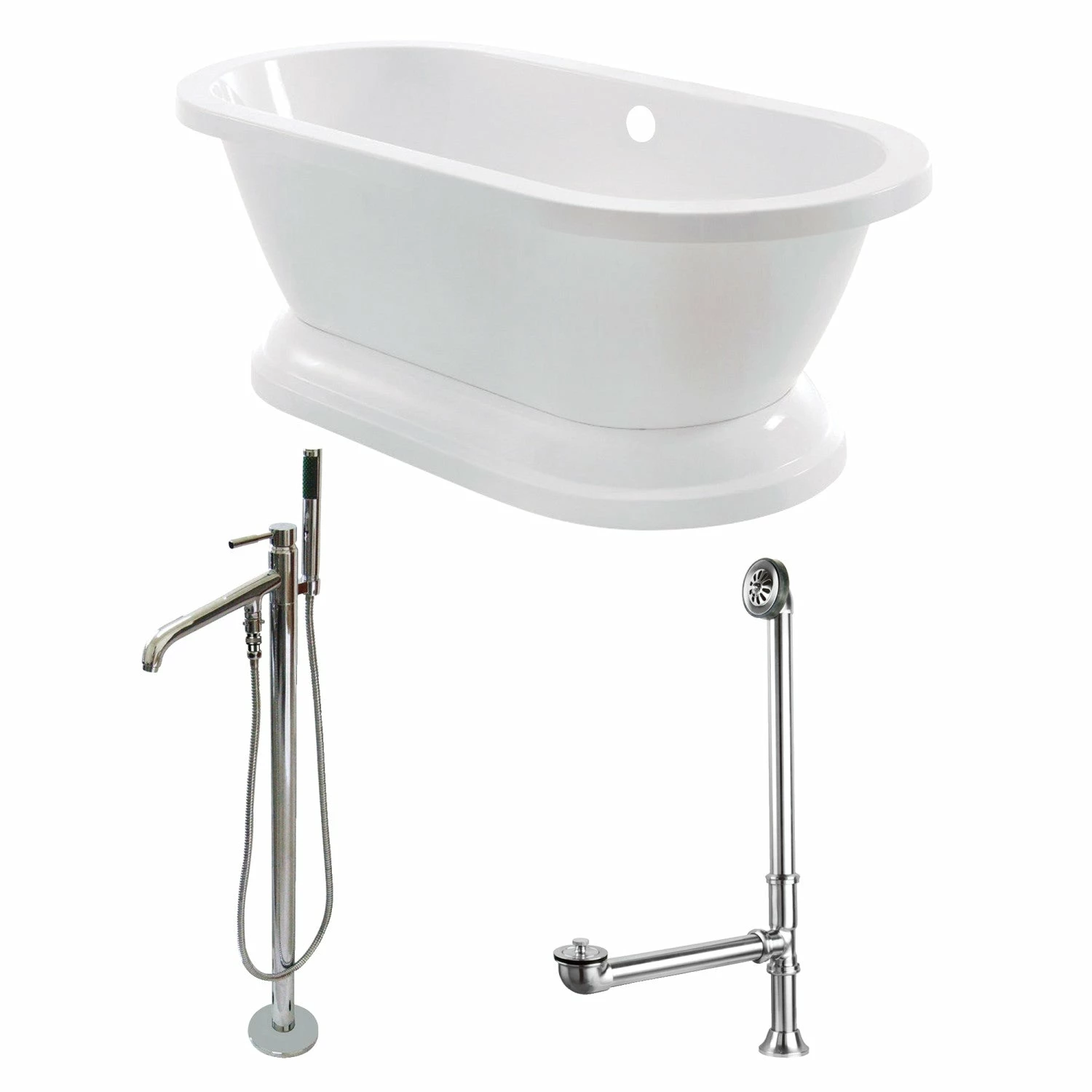 Aqua Eden KT7PE672824B1 67-Inch Acrylic Double Ended Pedestal Tub Combo With Faucet And Supply Lines, White/Polished Chrome