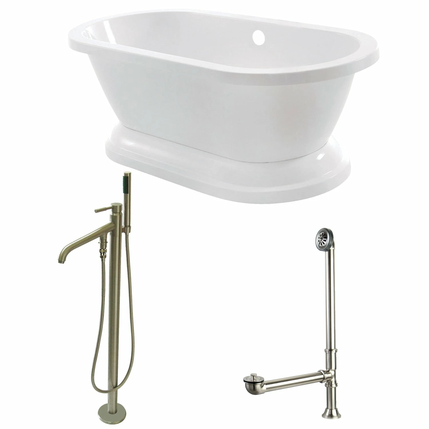 Aqua Eden KT7PE672824B8 67-Inch Acrylic Double Ended Pedestal Tub Combo With Faucet And Supply Lines, White/Brushed Nickel