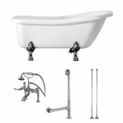 Aqua Eden KTDE692823C1 67-Inch Acrylic Single Slipper Clawfoot Tub Combo With Faucet And Supply Lines, White/Polished Chrome