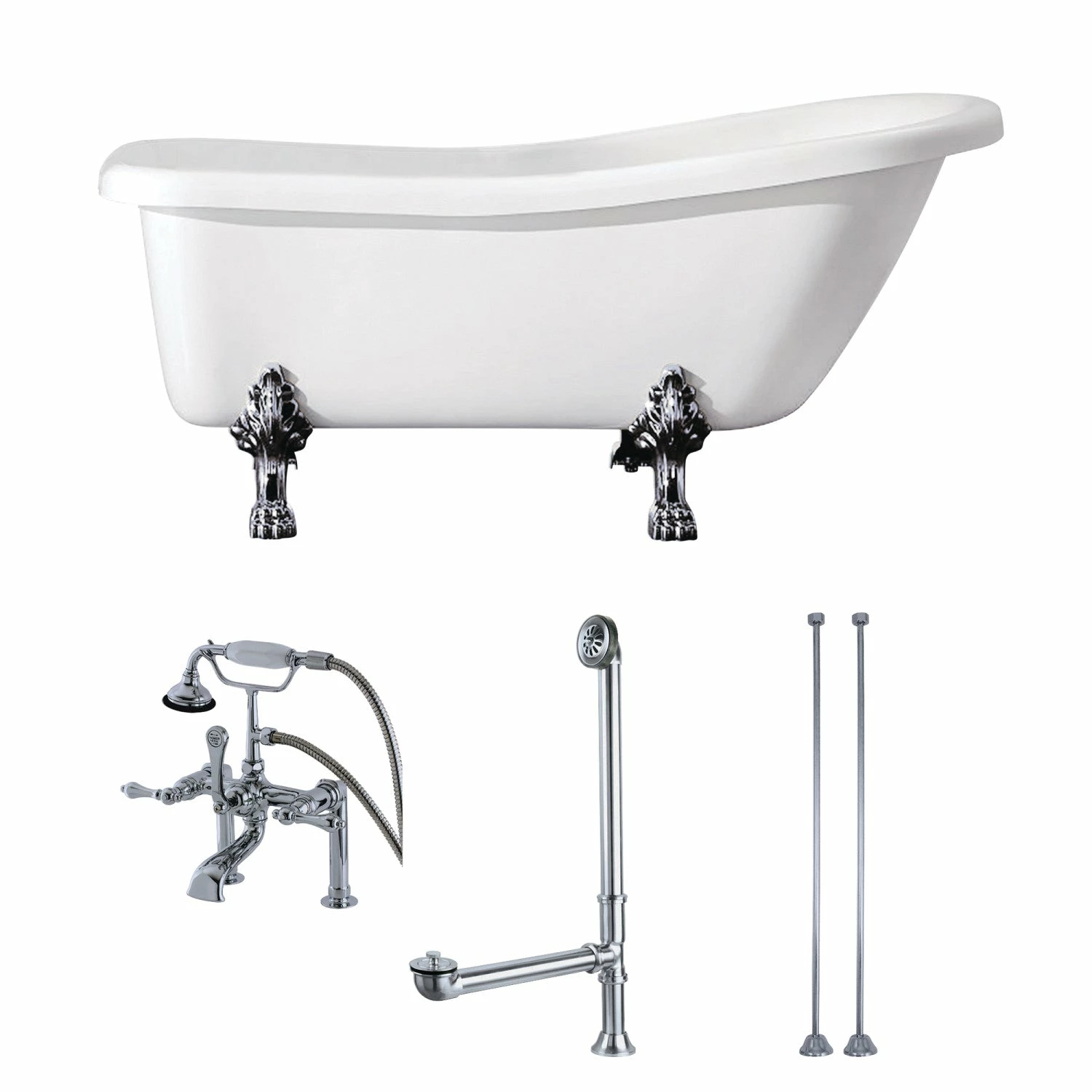 Aqua Eden KTDE692823C1 67-Inch Acrylic Single Slipper Clawfoot Tub Combo With Faucet And Supply Lines, White/Polished Chrome