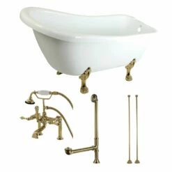 Aqua Eden KTDE692823C2 67-Inch Acrylic Single Slipper Clawfoot Tub Combo With Faucet And Supply Lines, White/Polished Brass