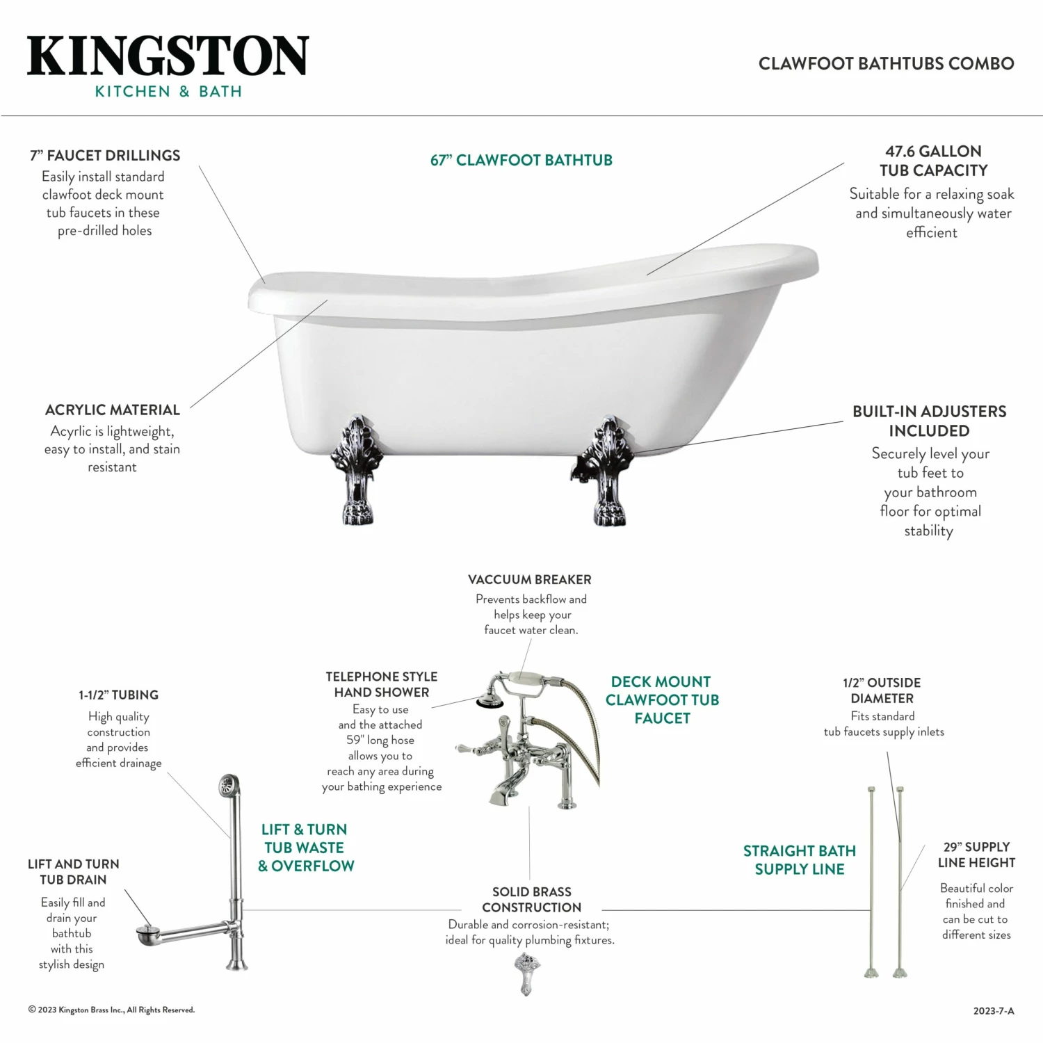 Aqua Eden KTDE692823C8 67-Inch Acrylic Single Slipper Clawfoot Tub Combo With Faucet And Supply Lines, White/Brushed Nickel - Image 2