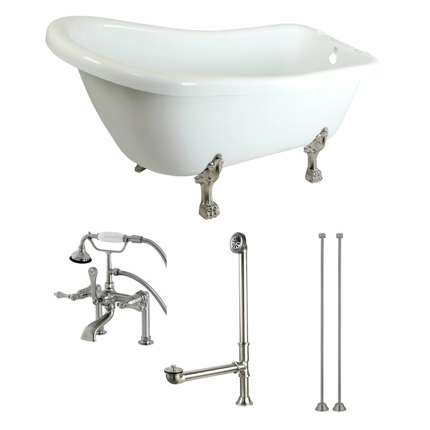 Aqua Eden KTDE692823C8 67-Inch Acrylic Single Slipper Clawfoot Tub Combo With Faucet And Supply Lines, White/Brushed Nickel