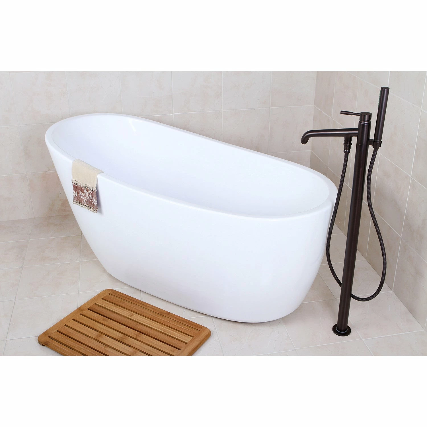 Aqua Eden KTRS592928A5 59-Inch Acrylic Single Slipper Freestanding Tub Combo With Faucet And Drain, White/Oil Rubbed Bronze
