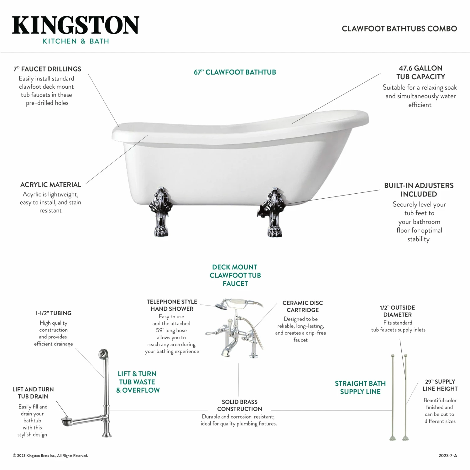 Aqua Eden KVTDE692823C1 67-Inch Acrylic Single Slipper Clawfoot Tub Combo With Faucet And Supply Lines, White/Polished Chrome - Image 2