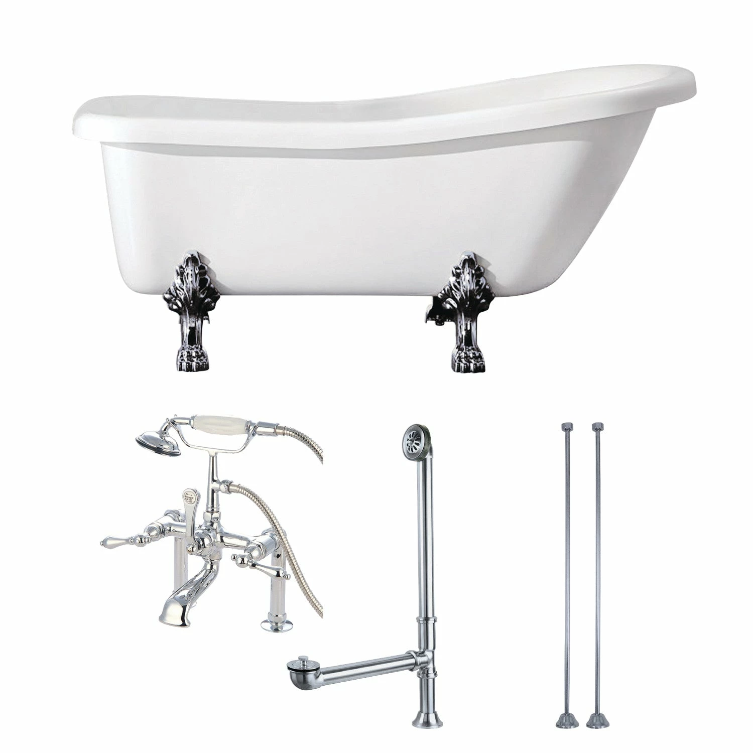 Aqua Eden KVTDE692823C1 67-Inch Acrylic Single Slipper Clawfoot Tub Combo With Faucet And Supply Lines, White/Polished Chrome