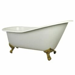 Aqua Eden NHVCT7D653129B2 62-Inch Cast Iron Single Slipper Clawfoot Tub With 7-Inch Faucet Drillings, White/Polished Brass