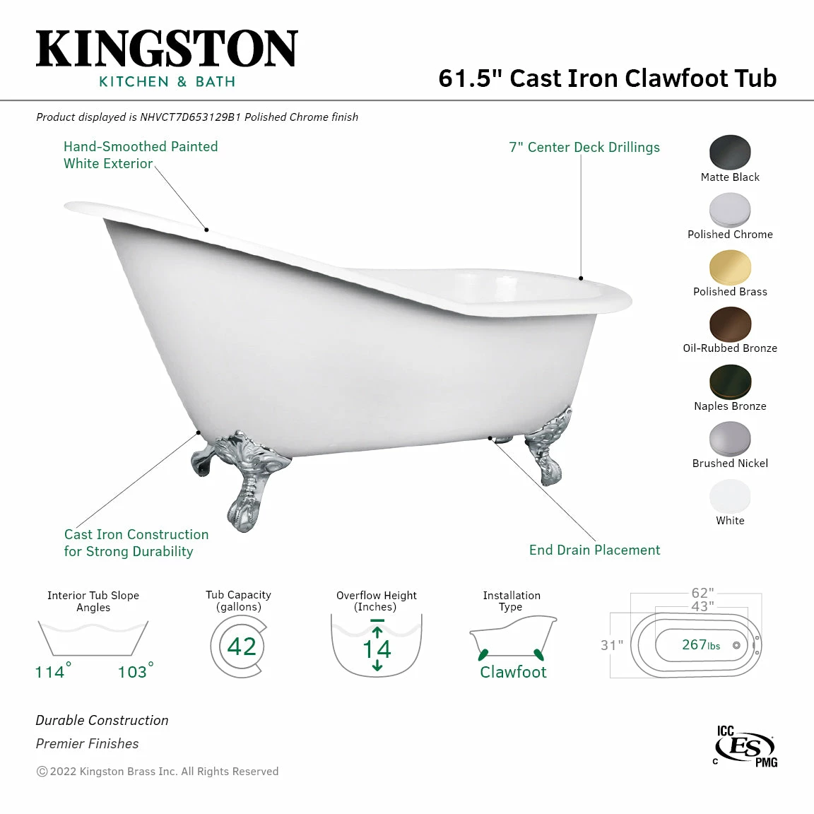 Aqua Eden NHVCT7D653129BW 62-Inch Cast Iron Single Slipper Clawfoot Tub With 7-Inch Faucet Drillings, White - Image 3