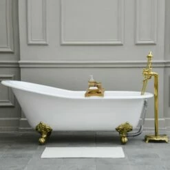 Aqua Eden NHVCTND653129B2 61-Inch Cast Iron Single Slipper Clawfoot Tub (No Faucet Drillings), White/Polished Brass