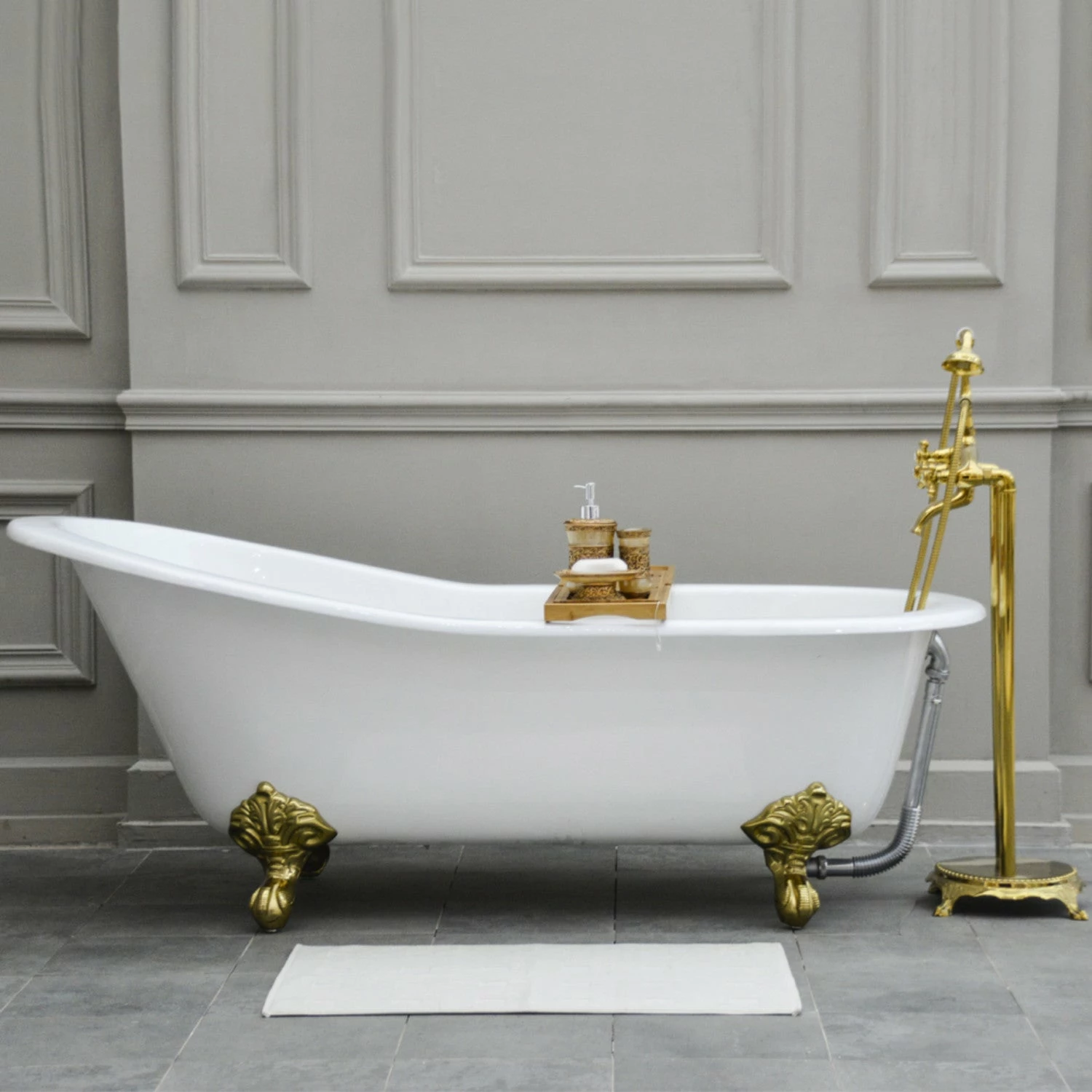 Aqua Eden NHVCTND653129B2 61-Inch Cast Iron Single Slipper Clawfoot Tub (No Faucet Drillings), White/Polished Brass