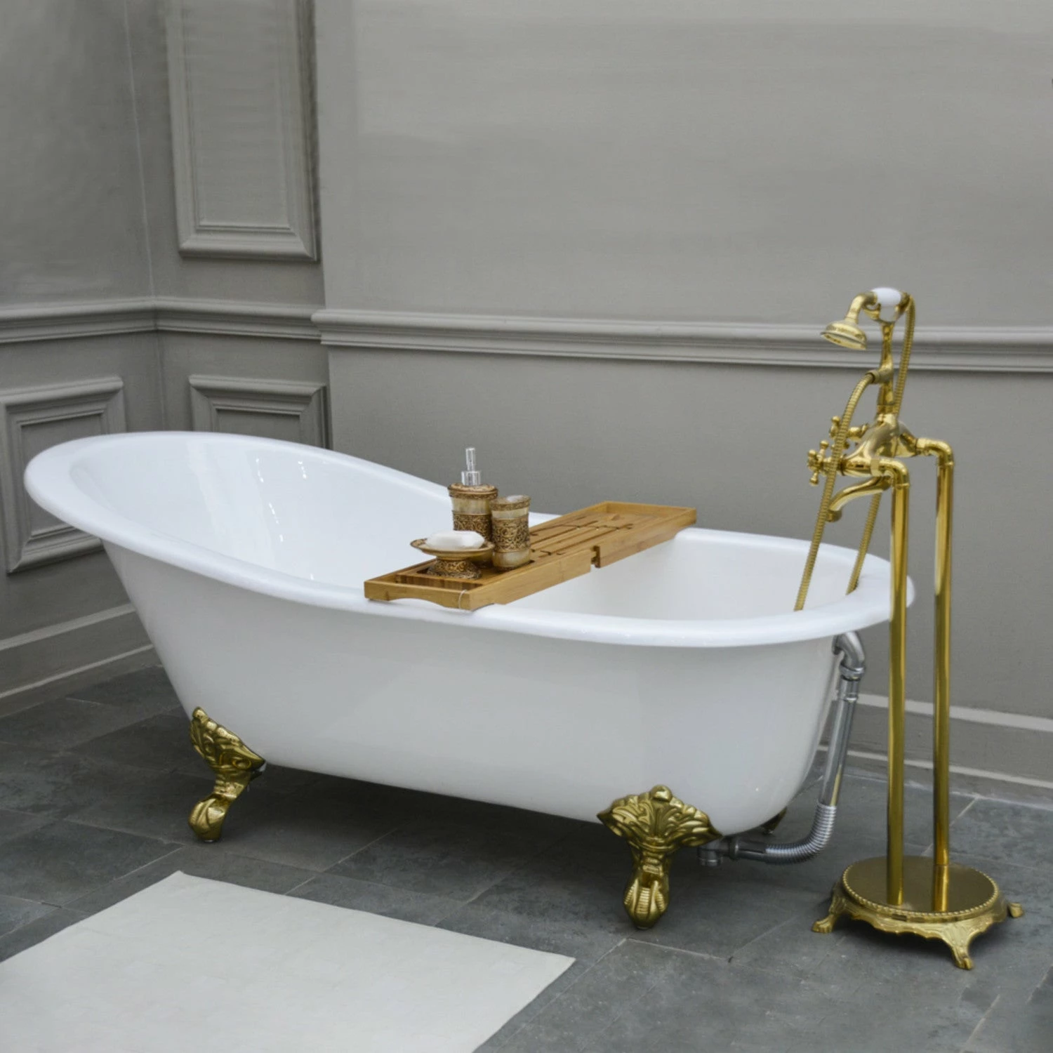 Aqua Eden NHVCTND653129B2 61-Inch Cast Iron Single Slipper Clawfoot Tub (No Faucet Drillings), White/Polished Brass - Image 2