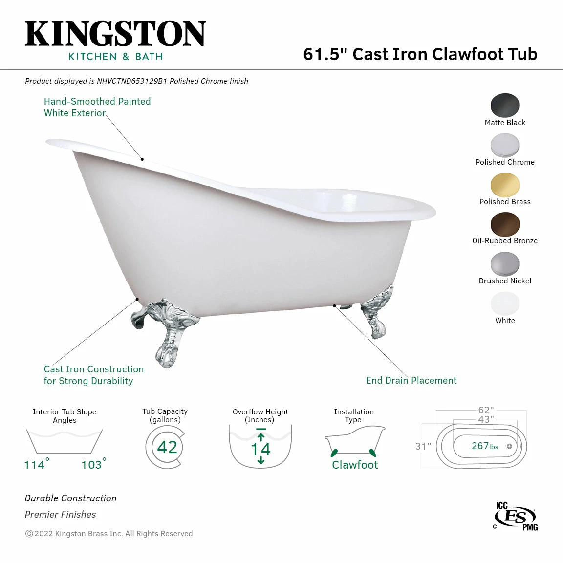 Aqua Eden NHVCTND653129B5 61-Inch Cast Iron Single Slipper Clawfoot Tub (No Faucet Drillings), White/Oil Rubbed Bronze - Image 3