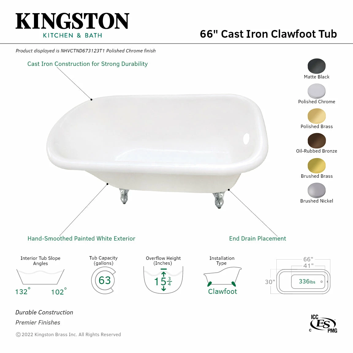 Aqua Eden NHVCTND673123T1 66-Inch Cast Iron Roll Top Clawfoot Tub (No Faucet Drillings), White/Polished Chrome - Image 3