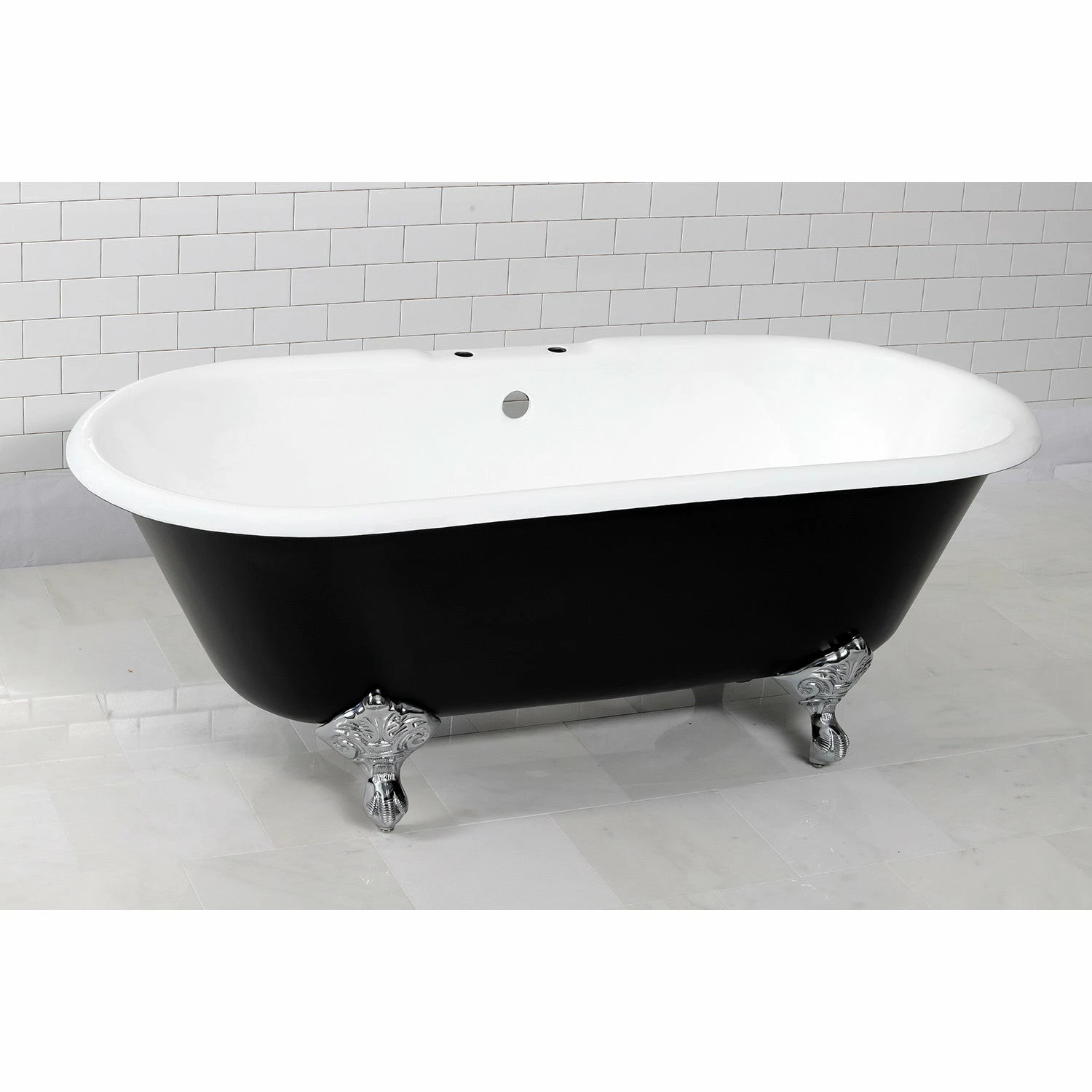 Aqua Eden VBT7D663013NB1 66-Inch Cast Iron Double Ended Clawfoot Tub With 7-Inch Faucet Drillings, Black/White/Polished Chrome - Image 2