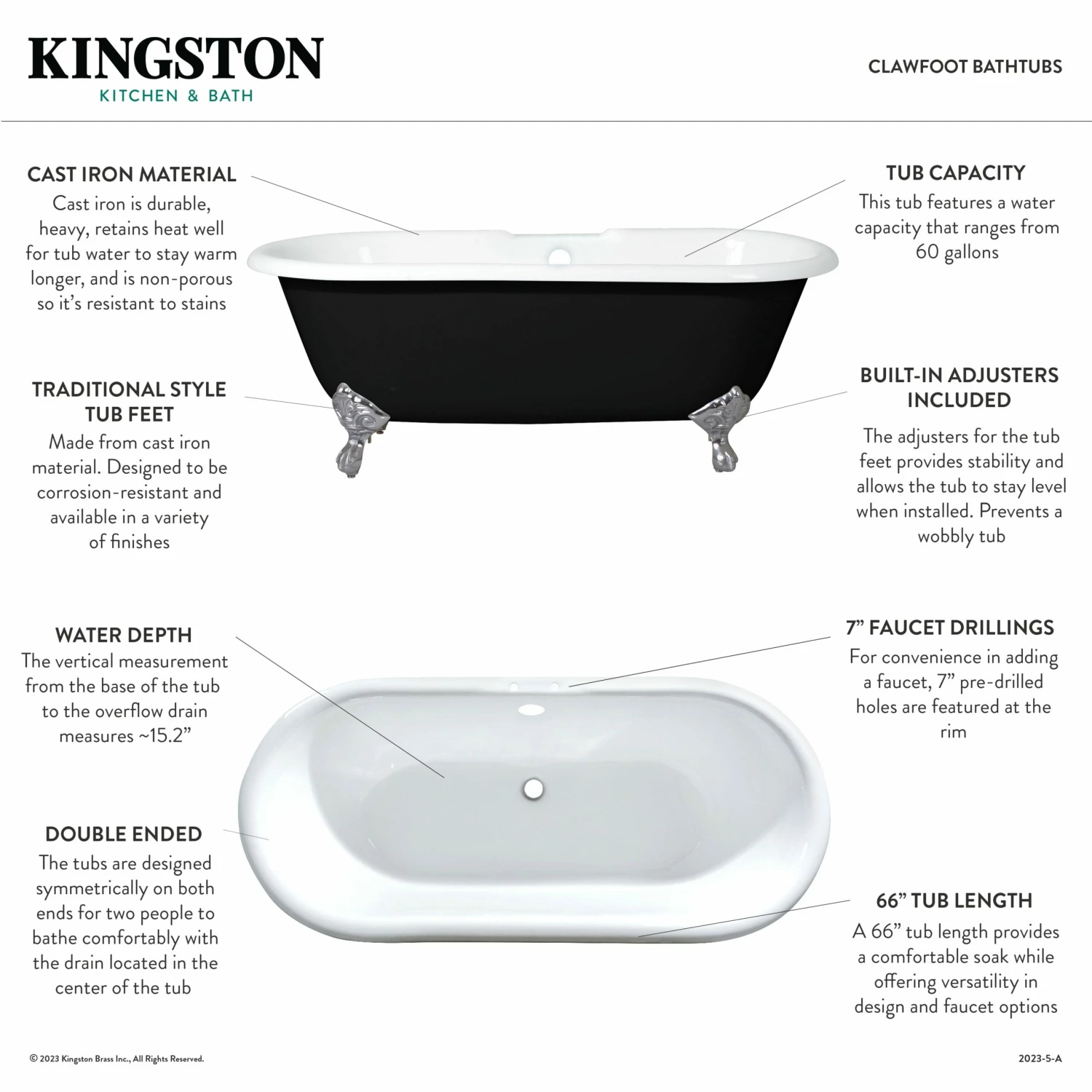 Aqua Eden VBT7D663013NB1 66-Inch Cast Iron Double Ended Clawfoot Tub With 7-Inch Faucet Drillings, Black/White/Polished Chrome - Image 12