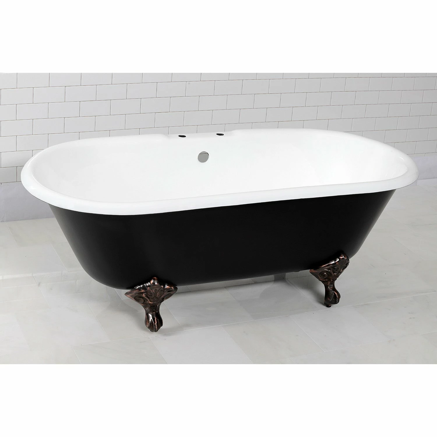 Aqua Eden VBT7D663013NB5 66-Inch Cast Iron Double Ended Clawfoot Tub With 7-Inch Faucet Drillings, Black/White/Oil Rubbed Bronze