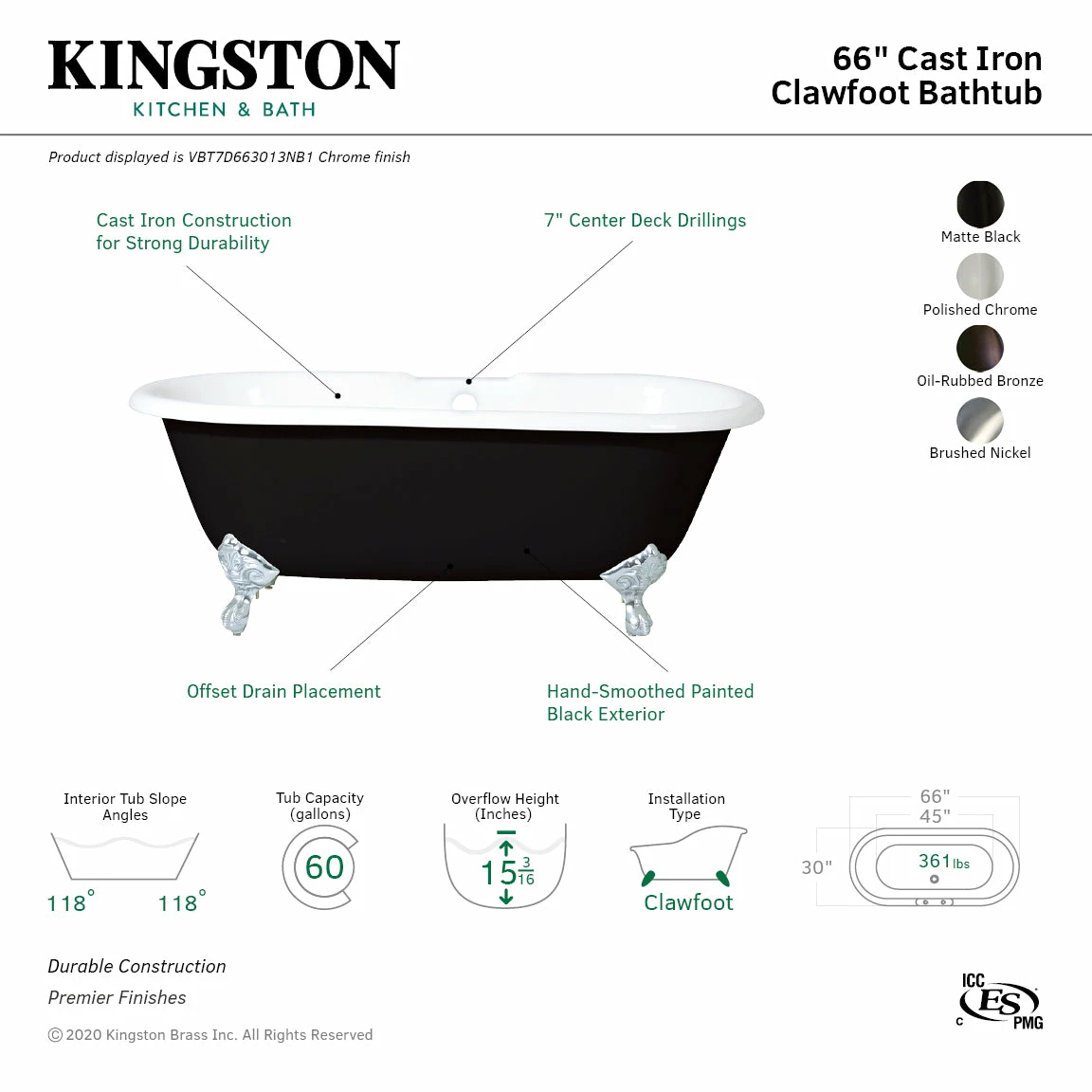 Aqua Eden VBT7D663013NB8 66-Inch Cast Iron Double Ended Clawfoot Tub With 7-Inch Faucet Drillings, Black/White/Brushed Nickel - Image 12