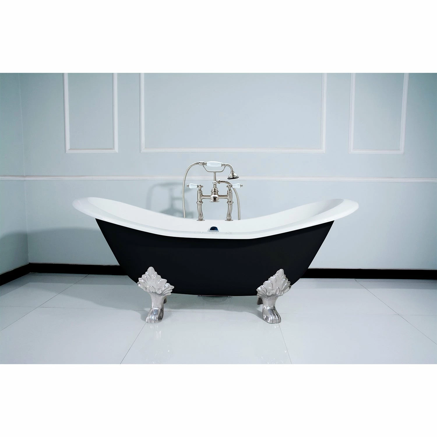 Aqua Eden VBT7D7231NC1 72-Inch Cast Iron Double Slipper Clawfoot Tub With 7-Inch Faucet Drillings, Black/White/Polished Chrome