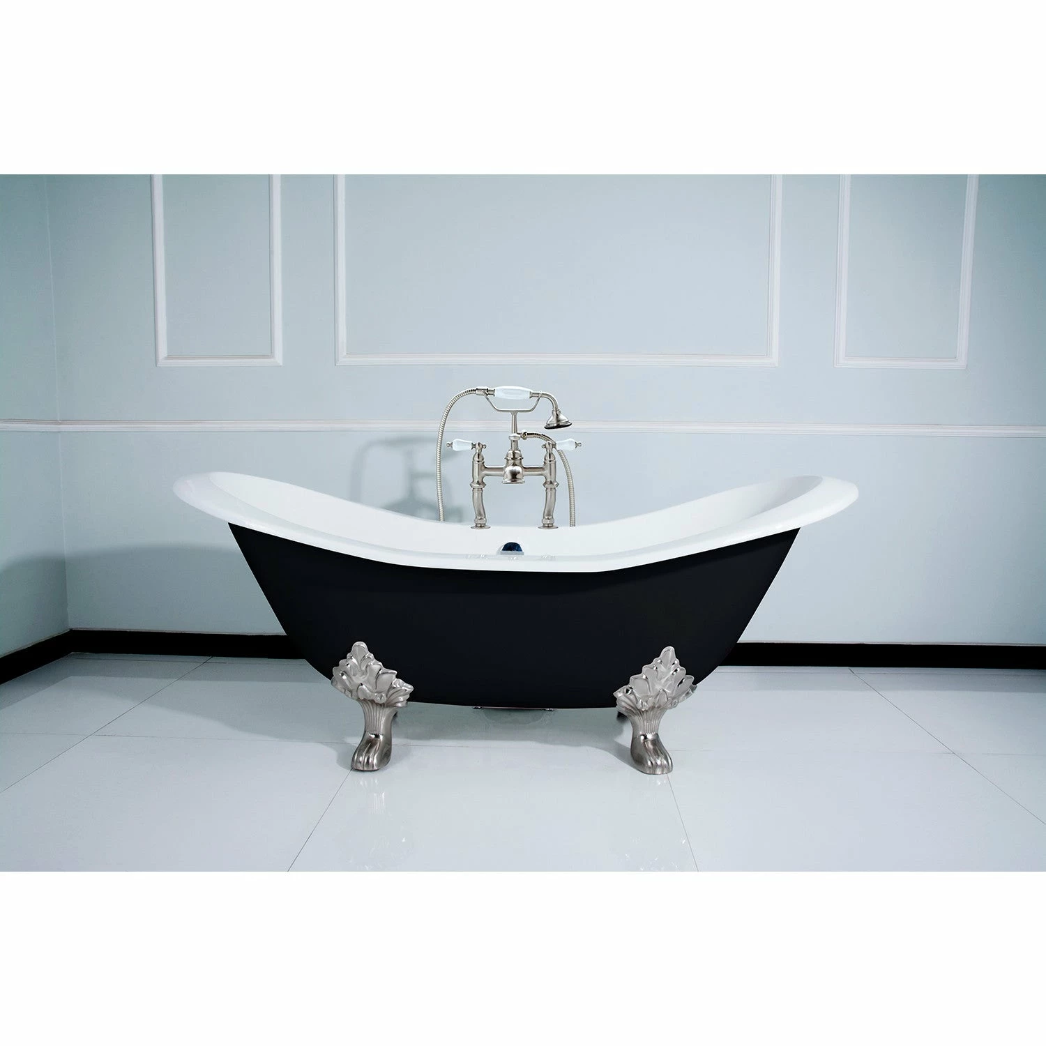 Aqua Eden VBT7D7231NC8 72-Inch Cast Iron Double Slipper Clawfoot Tub With 7-Inch Faucet Drillings, Black/White/Brushed Nickel
