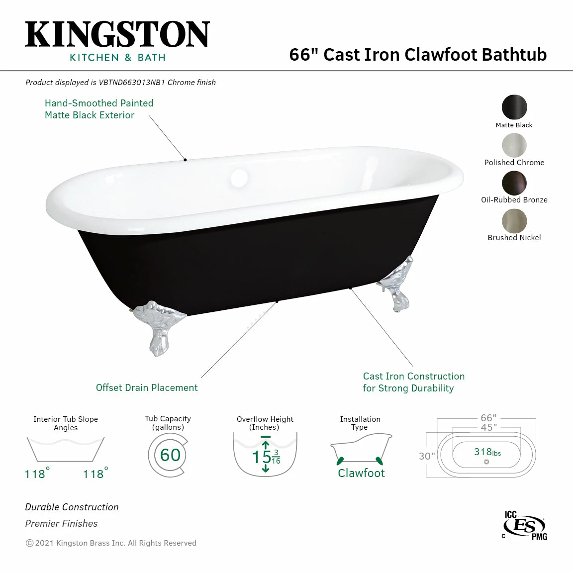 Aqua Eden VBTND663013NB8 66-Inch Cast Iron Double Ended Clawfoot Tub (No Faucet Drillings), Black/White/Brushed Nickel - Image 12