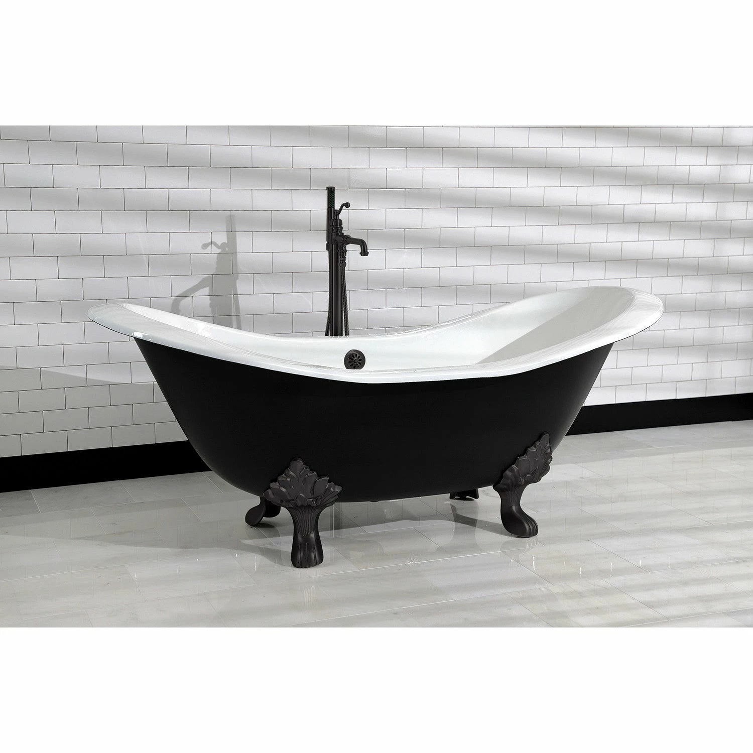 Aqua Eden VBTND7231NC0 72-Inch Cast Iron Double Slipper Clawfoot Tub (No Faucet Drillings), White/Matte Black