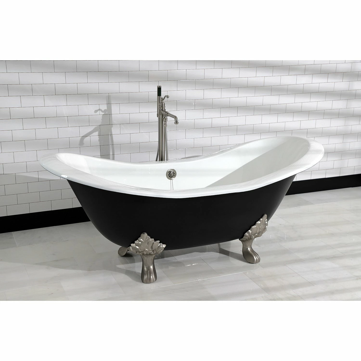 Aqua Eden VBTND7231NC8 72-Inch Cast Iron Double Slipper Clawfoot Tub (No Faucet Drillings), Black/White/Brushed Nickel - Image 4
