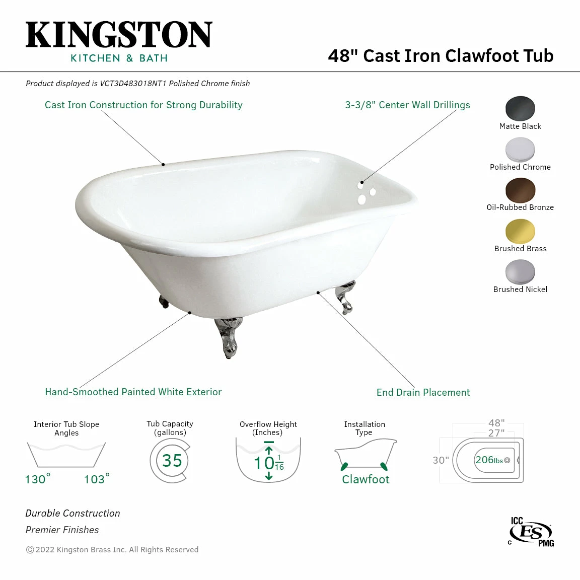 Aqua Eden VCT3D483018NT1 48-Inch Cast Iron Roll Top Clawfoot Tub With 3-3/8 Inch Wall Drillings, White/Polished Chrome - Image 13