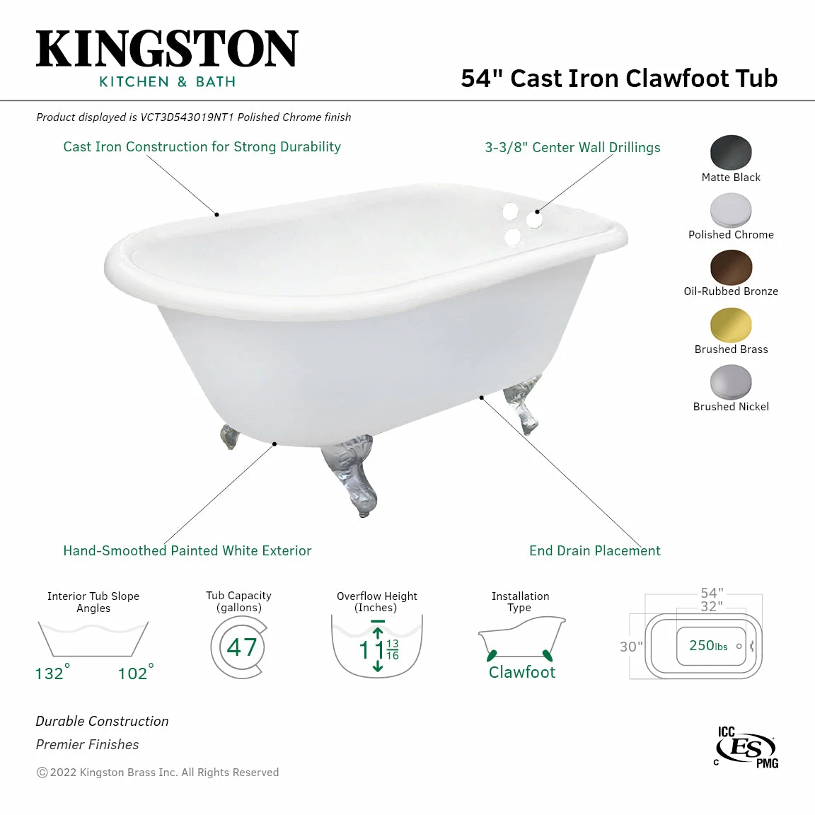 Aqua Eden VCT3D543019NT7 54-Inch Cast Iron Roll Top Clawfoot Tub With 3-3/8 Inch Wall Drillings, White/Brushed Brass - Image 3