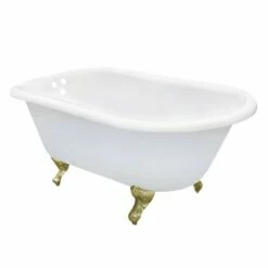 Aqua Eden VCT3D543019NT7 54-Inch Cast Iron Roll Top Clawfoot Tub With 3-3/8 Inch Wall Drillings, White/Brushed Brass