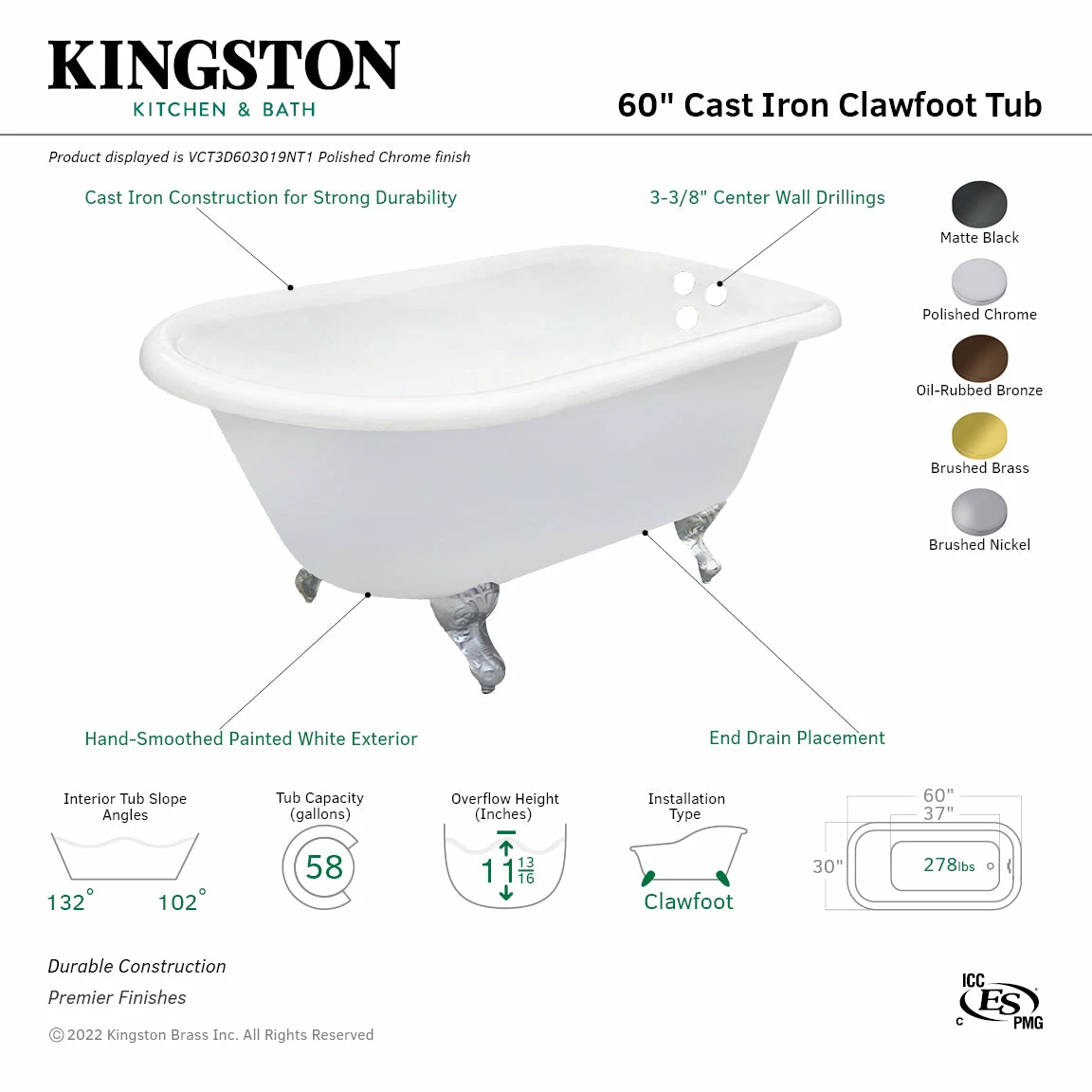 Aqua Eden VCT3D603019NT8 60-Inch Cast Iron Roll Top Clawfoot Tub With 3-3/8 Inch Wall Drillings, White/Brushed Nickel - Image 11